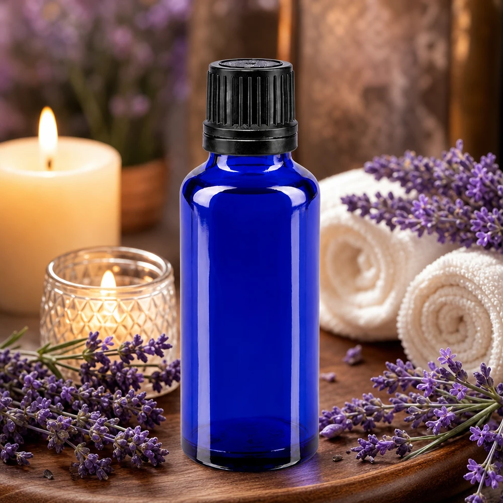 Frasco de farmácia de 30 ml, em vidro castanho, de cor azul cobalto, com tampa de rosca à prova de crianças