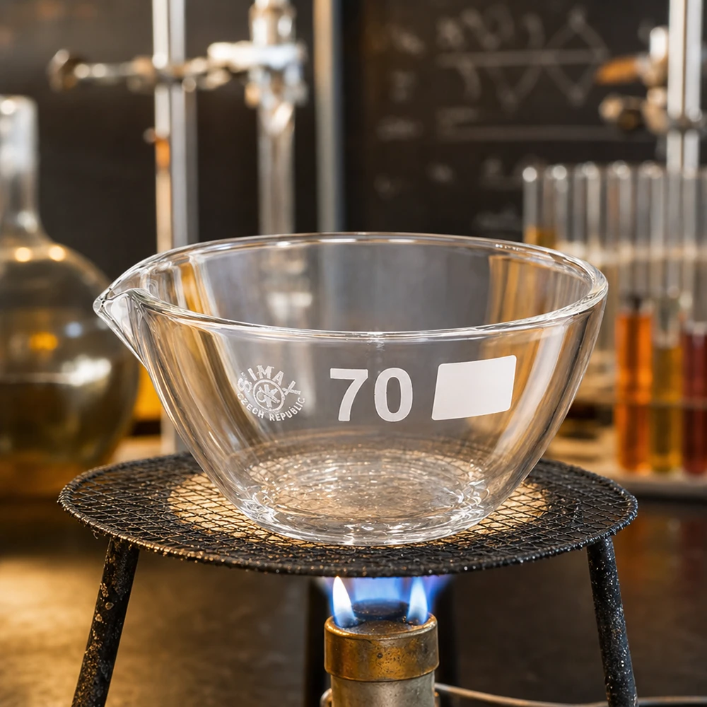 Prato de evaporação de 60ml com bico em borosilicato ø70mm Prato pequeno de laboratório de 60 ml com bico de ø70 mm em vidro borossilicato robusto para processos de evaporação