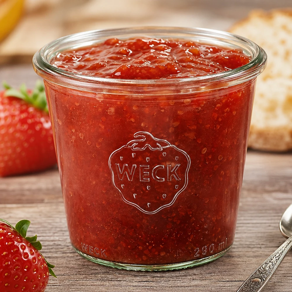 Frasco de vidro alto de 290 ml WECK RR80 Copos WECK RR80 com 290 ml de capacidade cheios de compota de morango junto a morangos frescos numa mesa de madeira