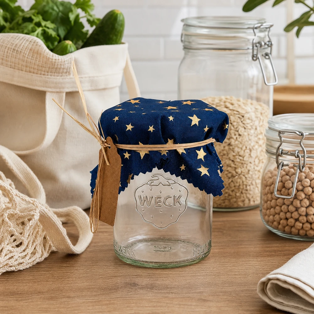 Guardanapo decorativo azul com estrelas douradas num frasco Weck numa cena de cozinha rústica com frascos de arrumação e têxteis