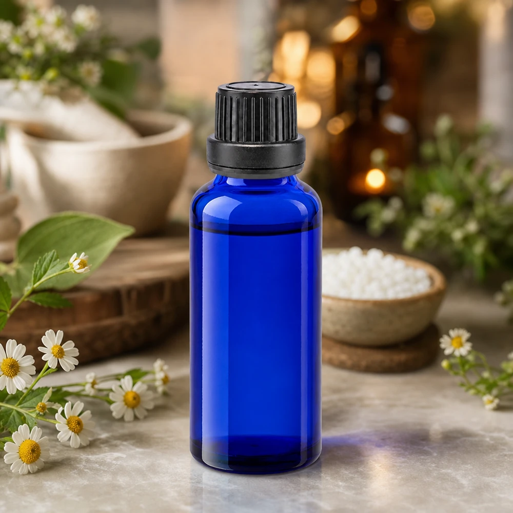 Frasco de farmácia azul 30ml tampa de rosca preta bico de enchimento inviolável Pequeno frasco de farmácia de 30 ml em azul cobalto, com tampa de rosca à prova de crianças e flores de camomila