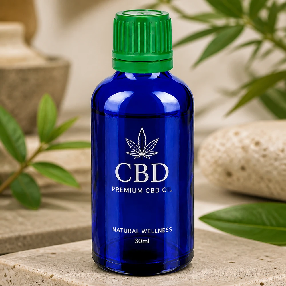 Frasco de vidro azul vazio de 50 ml com tampa de rosca verde à prova de crianças para CBD e tinturas