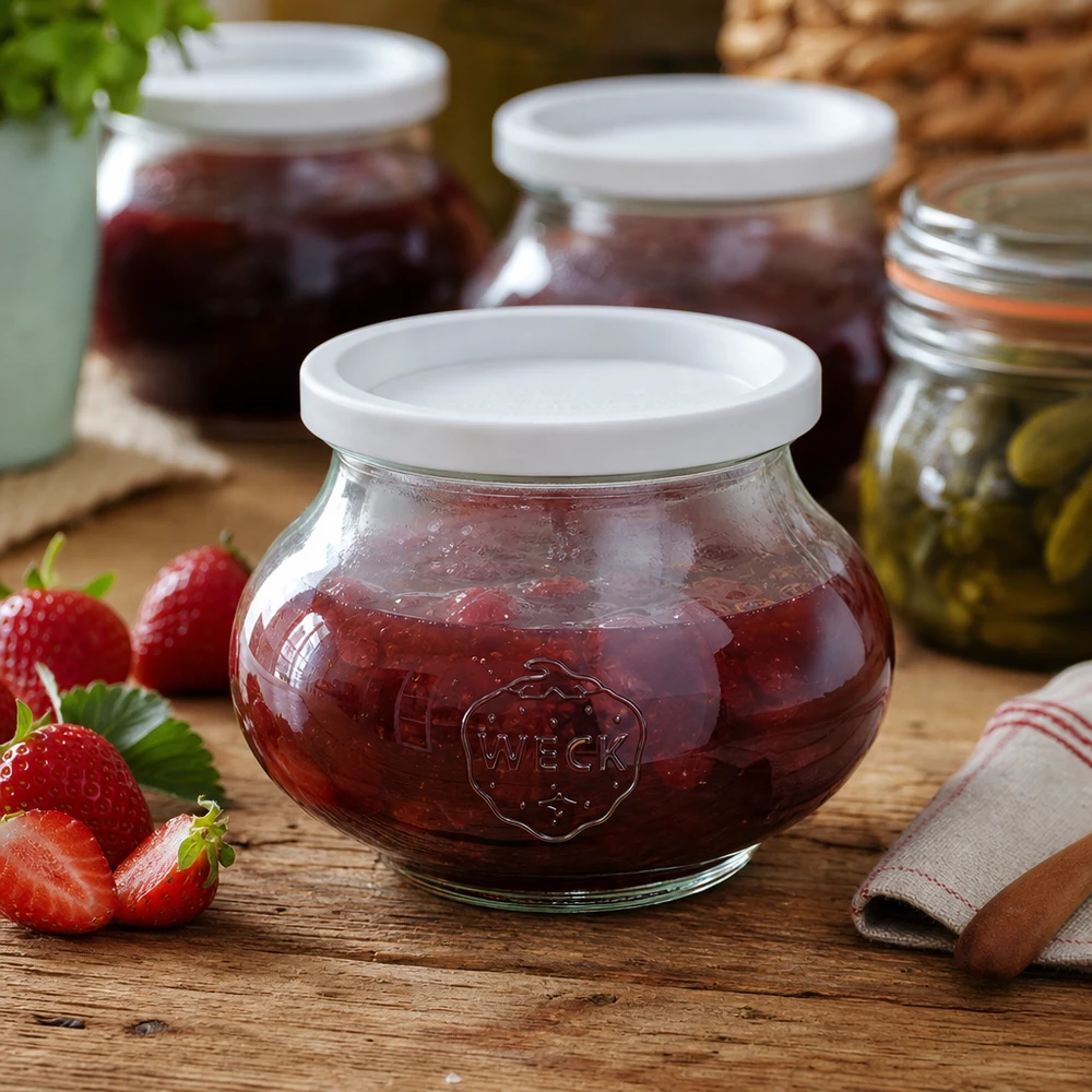 Frasco de conserva WECK 560ml RR80 cheio de compota de morango ao lado de morangos frescos numa mesa de madeira na cozinha