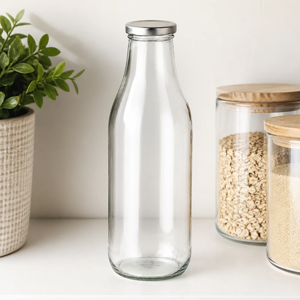 Frasco de vidro de 1000 ml + tampa BasicSeal prateada UNiTWIST Garrafa de vidro de 1000 ml com tampa BasicSeal prateada ao lado de frascos de arrumação com cereais e plantas organização moderna da cozinha