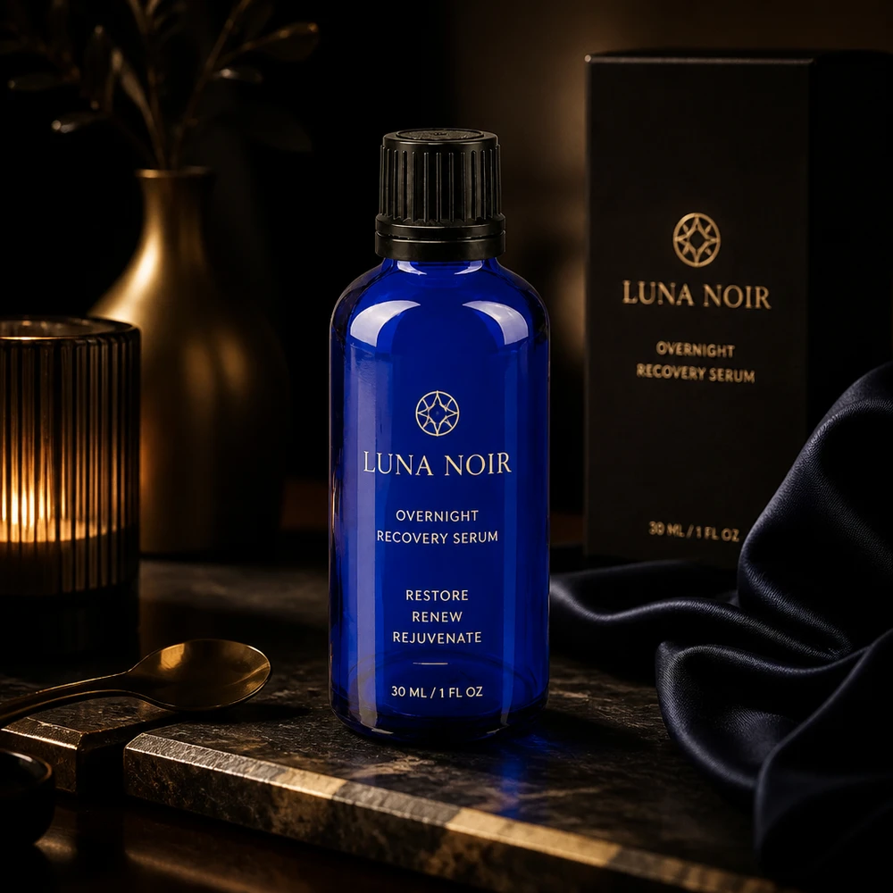 Sérum de recuperação noturna Luna Noir num frasco de farmácia azul cobalto de 50 ml com tampa conta-gotas
