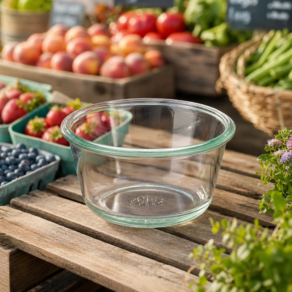 290ml Gourmetglas WECK RR100 Frasco gourmet WECK RR100 de 290 ml vazio sobre uma mesa de madeira com frutas e legumes frescos ao fundo para conservar