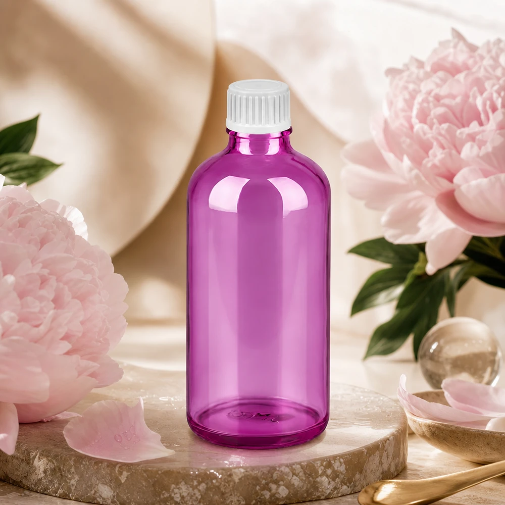 Frasco conta-gotas roxo transparente de 100 ml com tampa de conta-gotas de 0,9 mm para uma dosagem precisa dos óleos