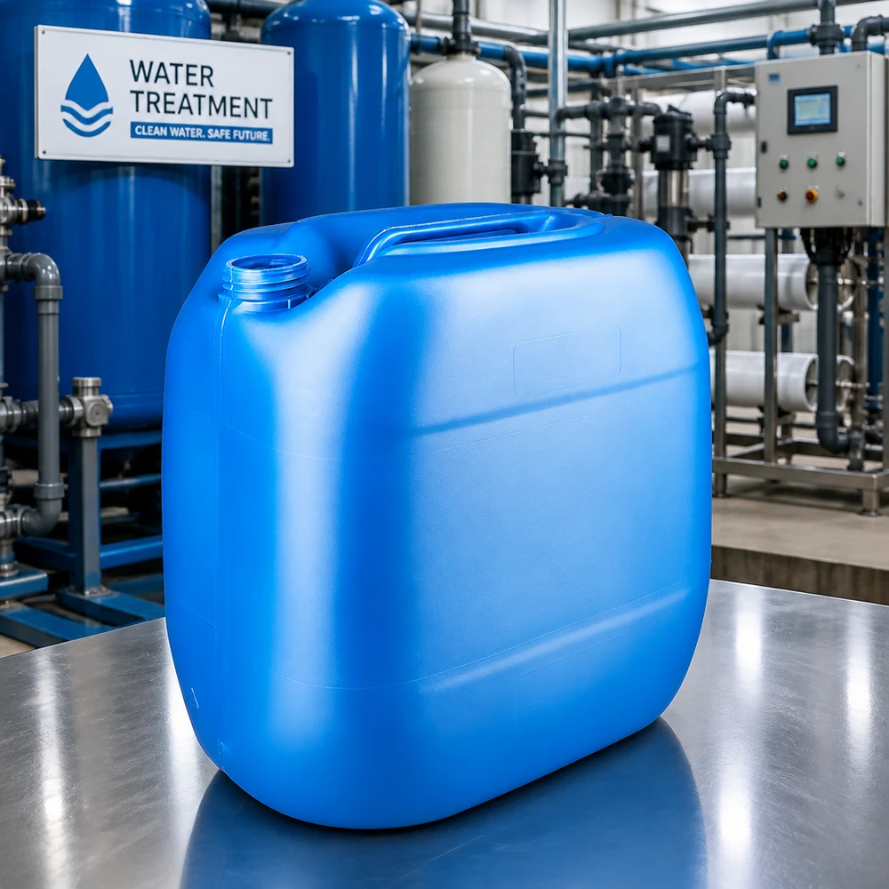 Recipiente azul de 30 litros sem tampa numa estação de tratamento de água para aplicações químicas