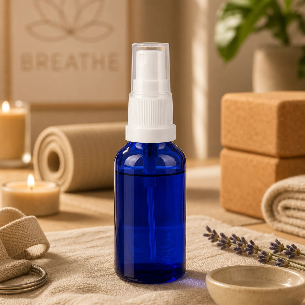 Frasco de spray azul de 30 ml com design ergonómico para um manuseamento fácil na casa de banho