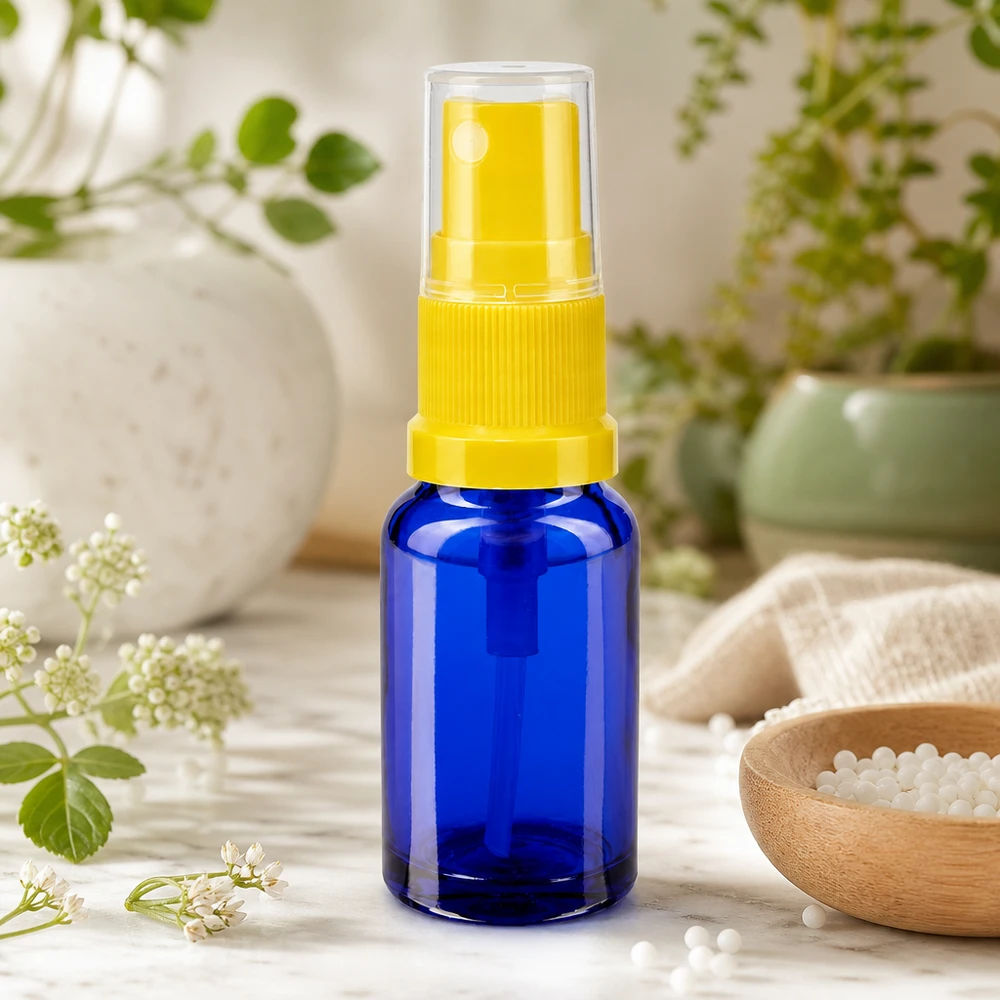 Frasco pulverizador azul de 30 ml em vidro com proteção UV, com bico pulverizador amarelo e tampa transparente