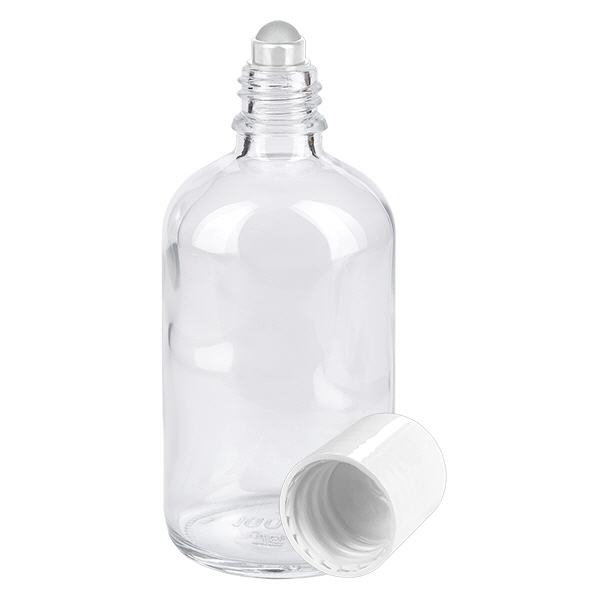 Frasco de farmácia transparente 100ml tampa roll-on branco