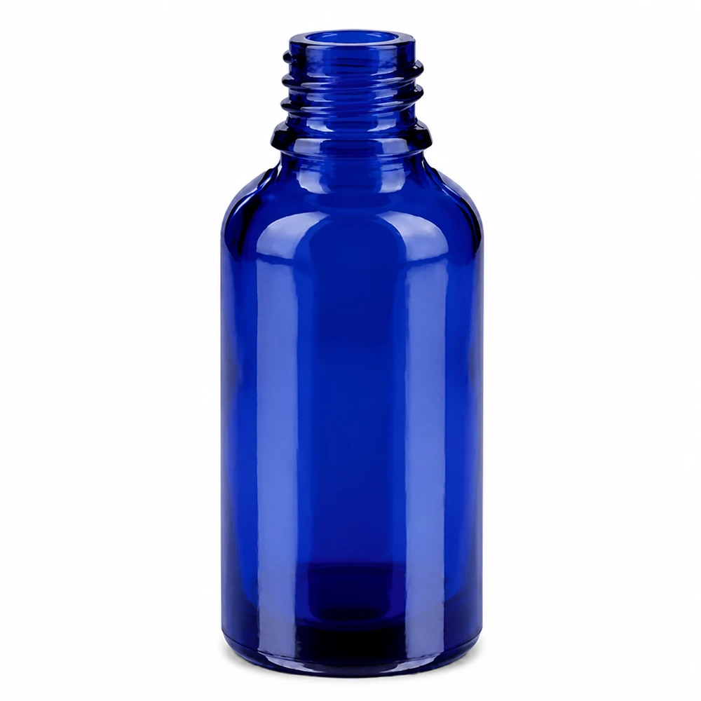 Frasco de vidro azul de 30 ml com rosca de 11 mm para óleos essenciais e cosméticos