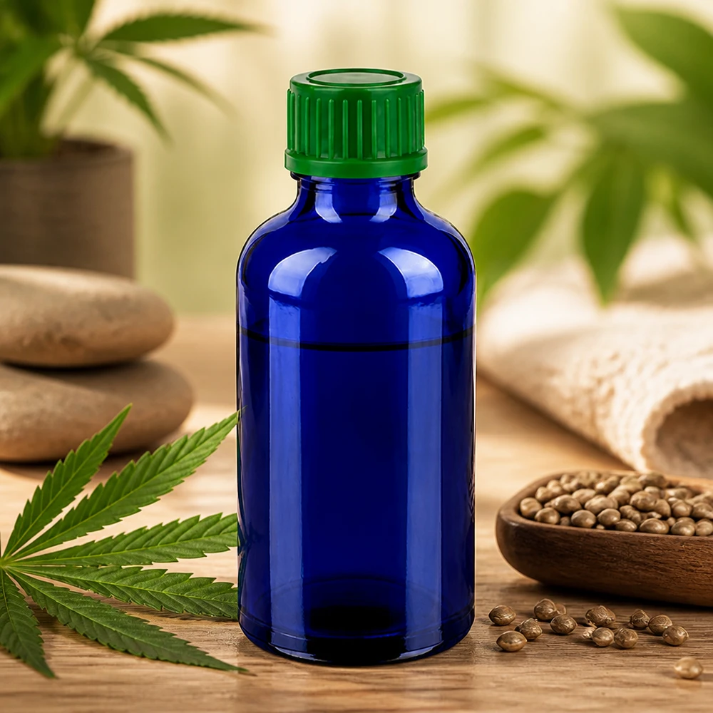 Frasco de vidro azul-cobalto de 50 ml com tampa verde com ranhuras para armazenamento seguro do produto