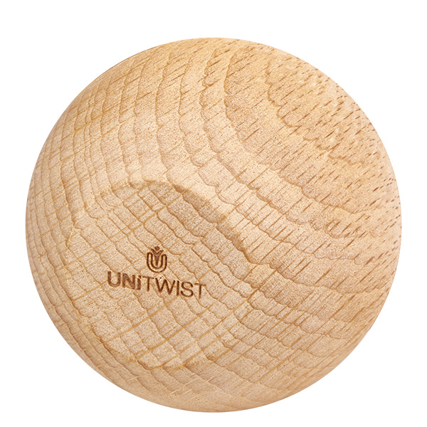 Bola de madeira UNiTWIST (faia) para WECK RR60 UNiTWIST bola de madeira de faia com grão e logótipo em grande plano WECK RR60 peça sobresselente do botão da tampa