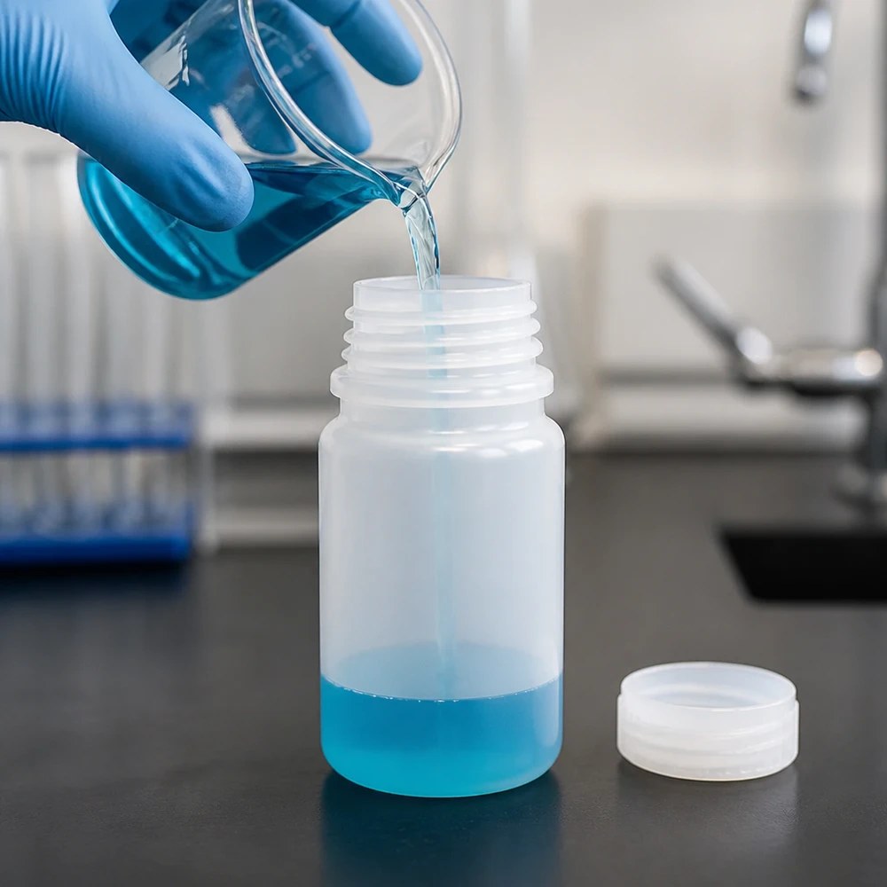 O líquido azul é vertido num frasco de plástico de gargalo largo com 50 ml, sem tampa