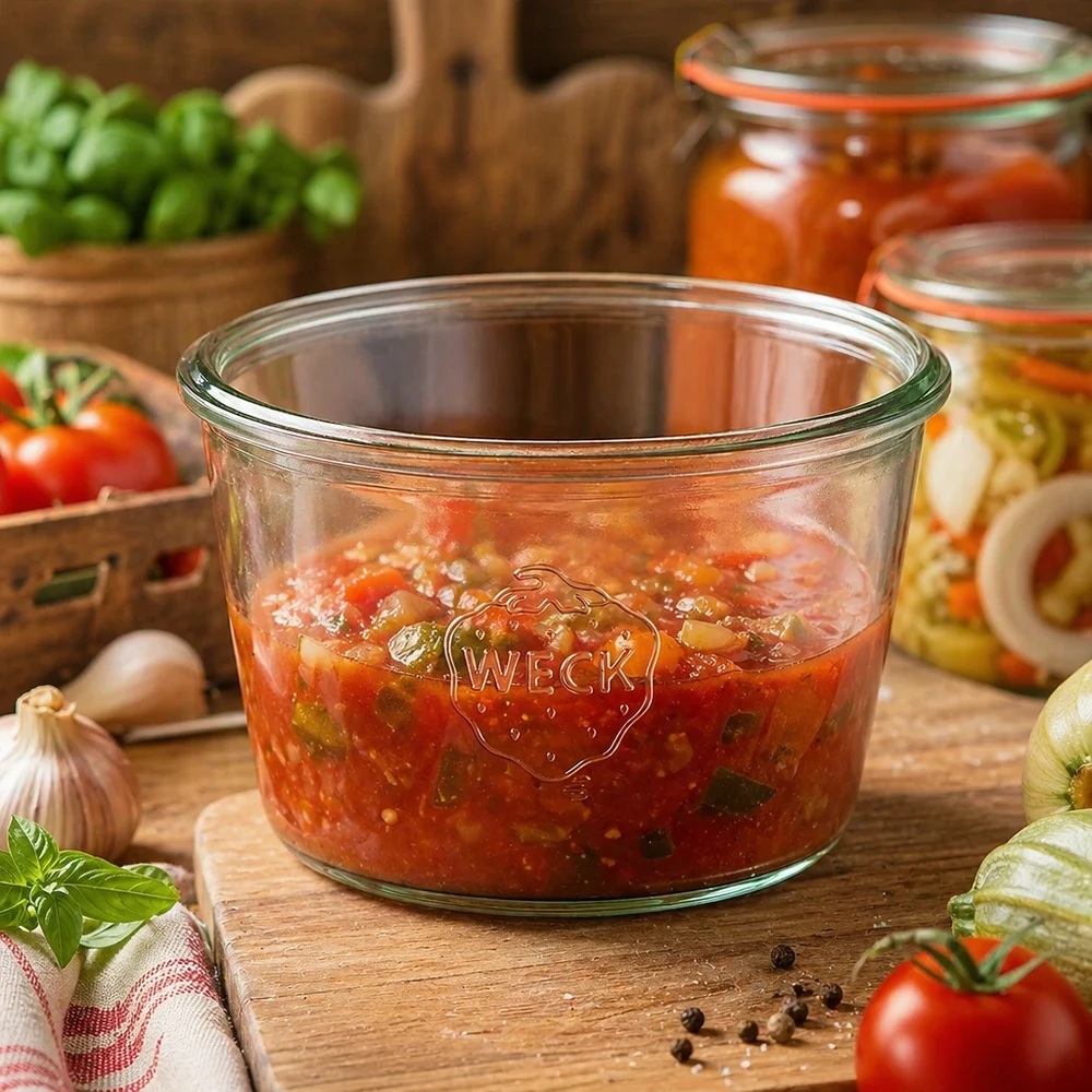 Frasco WECK 370ml RR100 cheio de molho de tomate numa mesa de madeira ao lado de tomates frescos e ervas aromáticas
