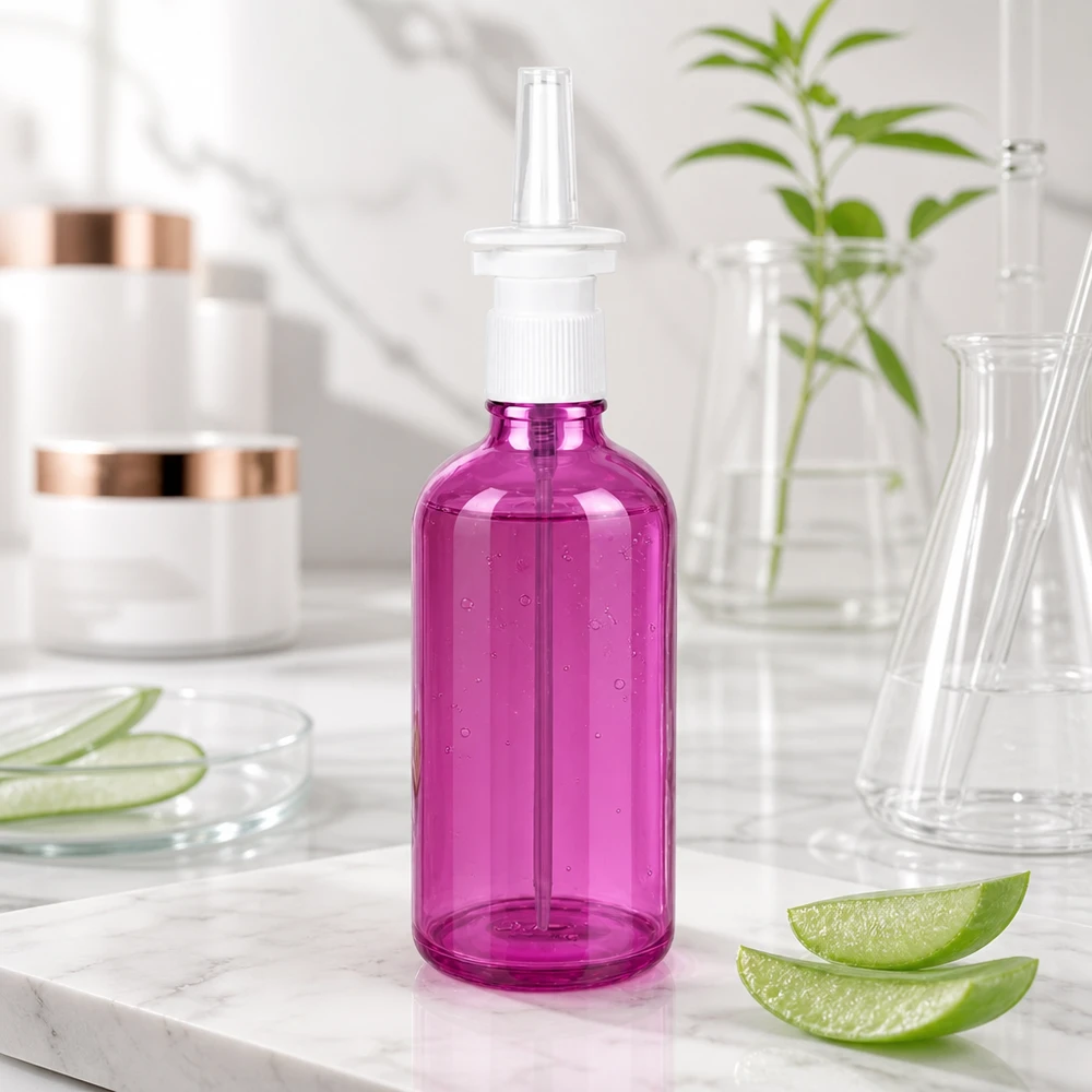 Frasco de spray nasal de 100 ml branco/transparente padrão PurpleLine UT18/100 Frasco de spray PurpleLine de alta qualidade de 100 ml com cor púrpura transparente para aplicações nasais UT18