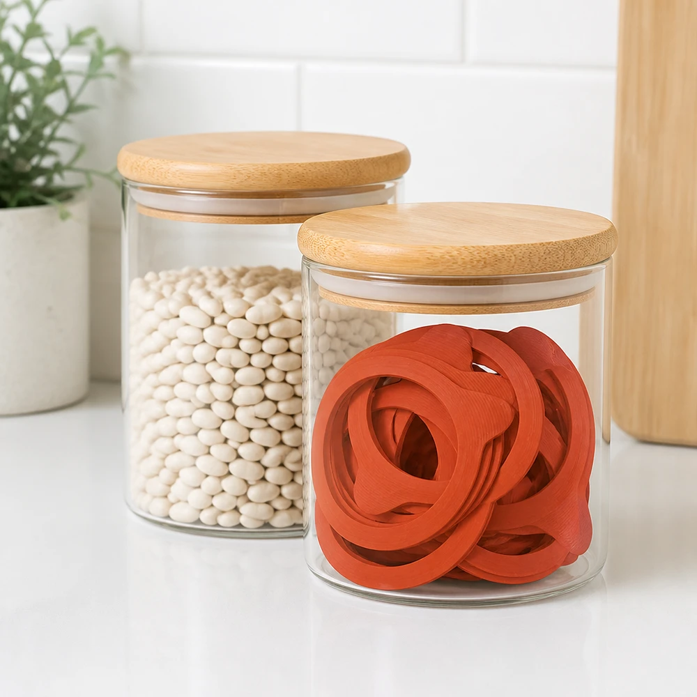 Anel de conservação de borracha natural RR100 Rote Einkochringe RR100 aus Naturgummi in Vorratsglas mit Bambusdeckel neben weißen Bohnen in moderner Küche