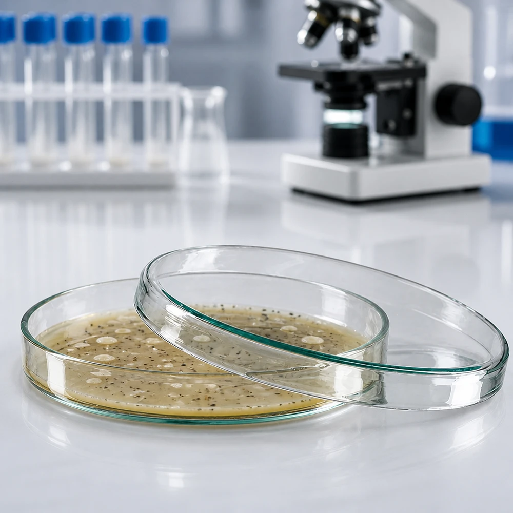 Placa de Petri de vidro 100x10mm Duas placas de Petri de vidro empilhadas com cultura bacteriana sobre uma mesa de laboratório branca