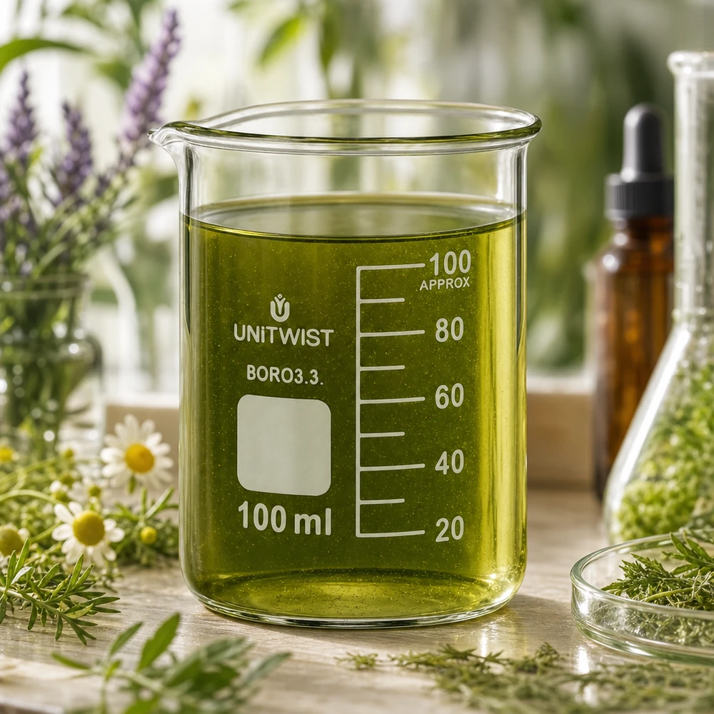 Copo 100 ml de borossilicato, baixo teor de bolor UNiTWIST Frasco de vidro UNiTWIST de 100 ml com extrato de ervas verdes, rodeado por ervas medicinais frescas