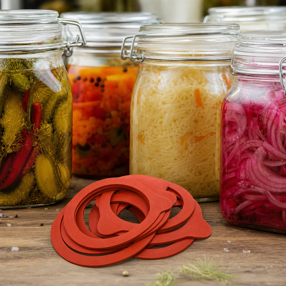 Anéis de conservação RR60 Borracha natural em frente de frascos de legumes fermentados Chucrute Kimchi Pepinos em conserva Cebolas