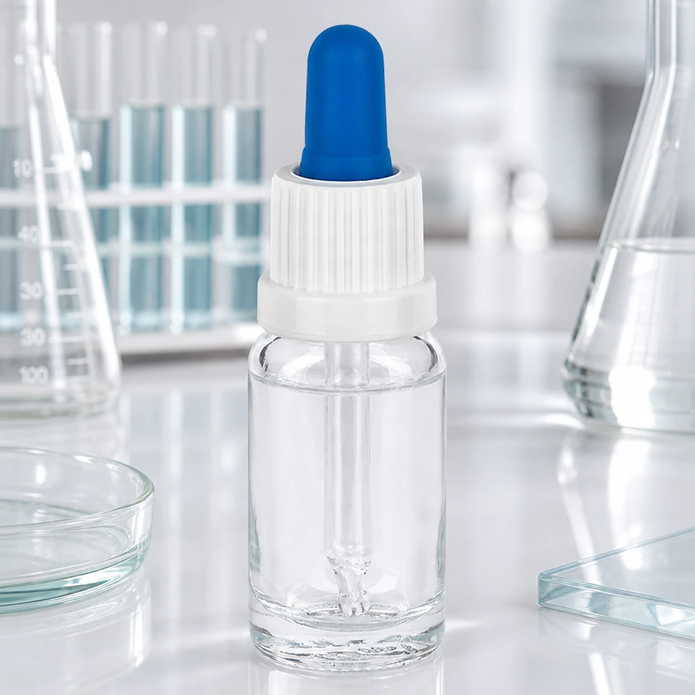 Frasco com pipeta de vidro transparente de 10 ml num laboratório, com tubos de ensaio, copos de vidro e placas de Petri