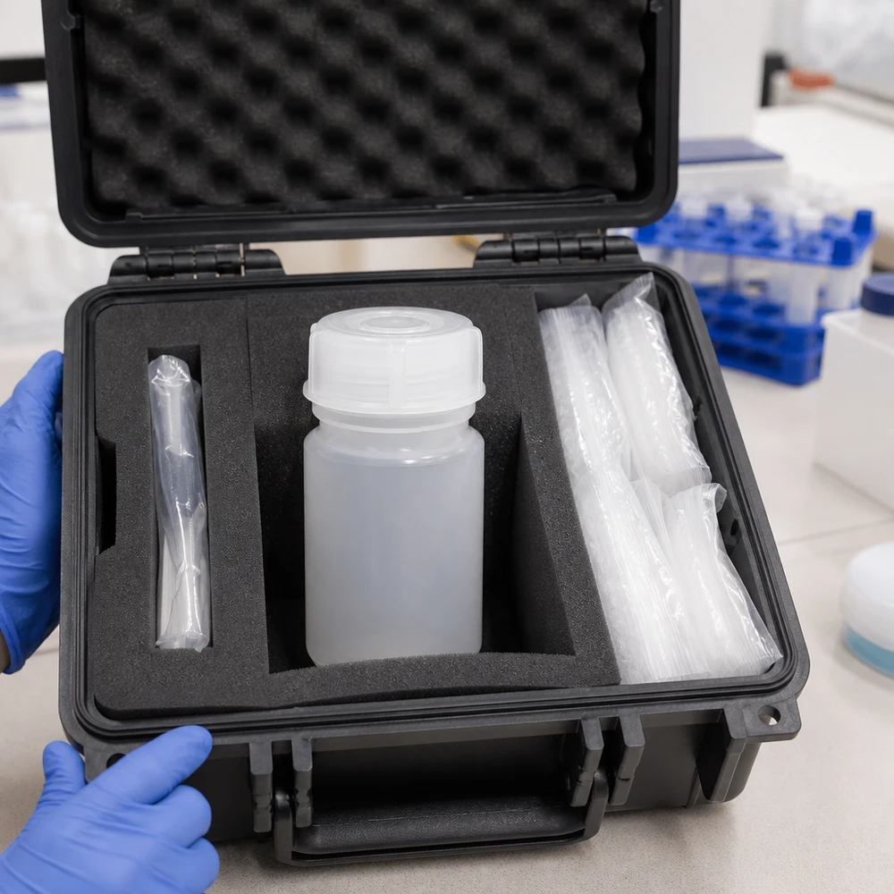 Frasco de laboratório de 50ml com gargalo largo e tampa de rosca Frasco de laboratório de gargalo largo de 50 ml numa mala de proteção, com luva de proteção azul para manuseamento no laboratório