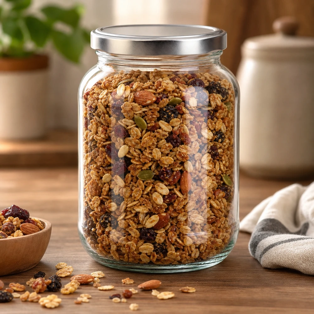 370ml Ovalglas mit BasicSeal Deckel silber UNiTWIST Frasco oval de 370 ml com tampa de rosca prateada para encher com muesli e frutos secos como recipiente de arrumação na cozinha