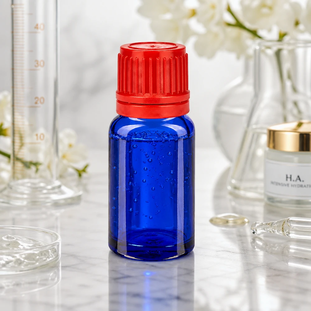 Frasco de 10ml 11mm tampa de rosca vermelha inviolável BlueLine UT18/10 Frasco de vidro BlueLine de 10 ml com tampa vermelha estriada antiderrapante para uso laboratorial e cosmético