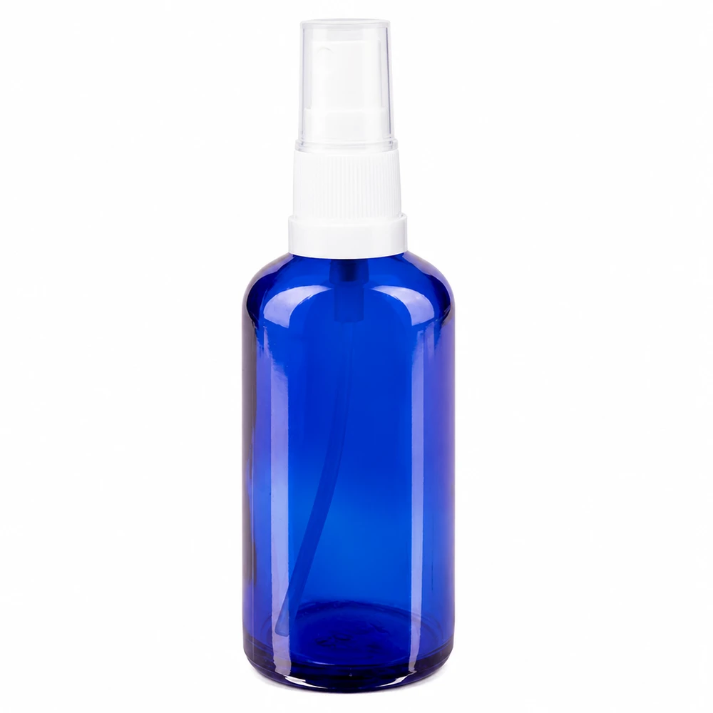 Frasco de vidro azul com pulverizador de 50 ml e cabeça de pulverização branca para farmácias e cosméticos