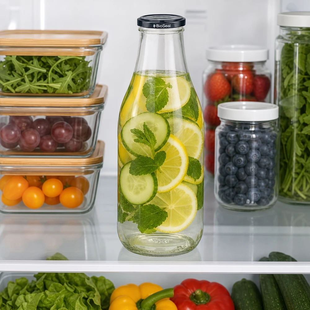 Garrafa de vidro de 1000 ml + tampa BioSeal preta UNiTWIST Garrafa de vidro de 1000 ml com água de pepino no frigorífico ao lado dos recipientes de preparação de refeições bagas legumes armazenamento sustentável