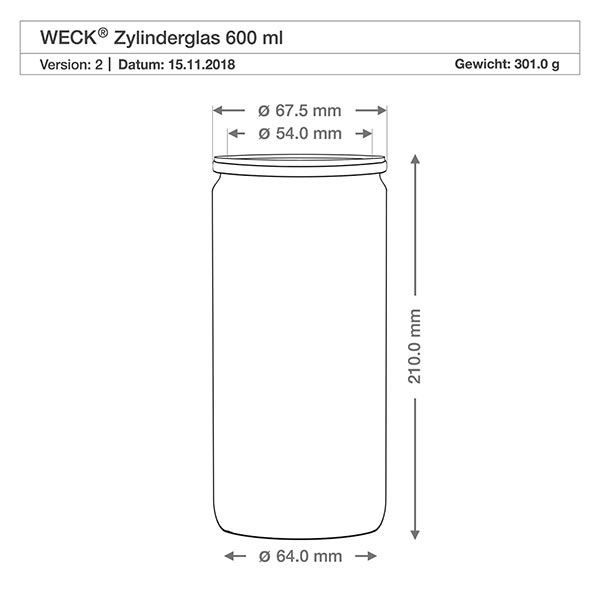 Frasco para charcutaria de 700ml com tampa de vidro WECK RR80 Desenho técnico do frasco cilíndrico WECK 600ml com as dimensões - diâmetro 64mm, altura 210mm, peso 301g