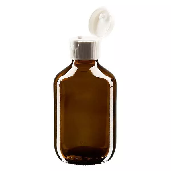 Frasco de medicamento de 200ml castanho, com tampa flip-top ApoGlas Frasco de medicamento de 200ml castanho, com tampa flip-top ApoGlas
