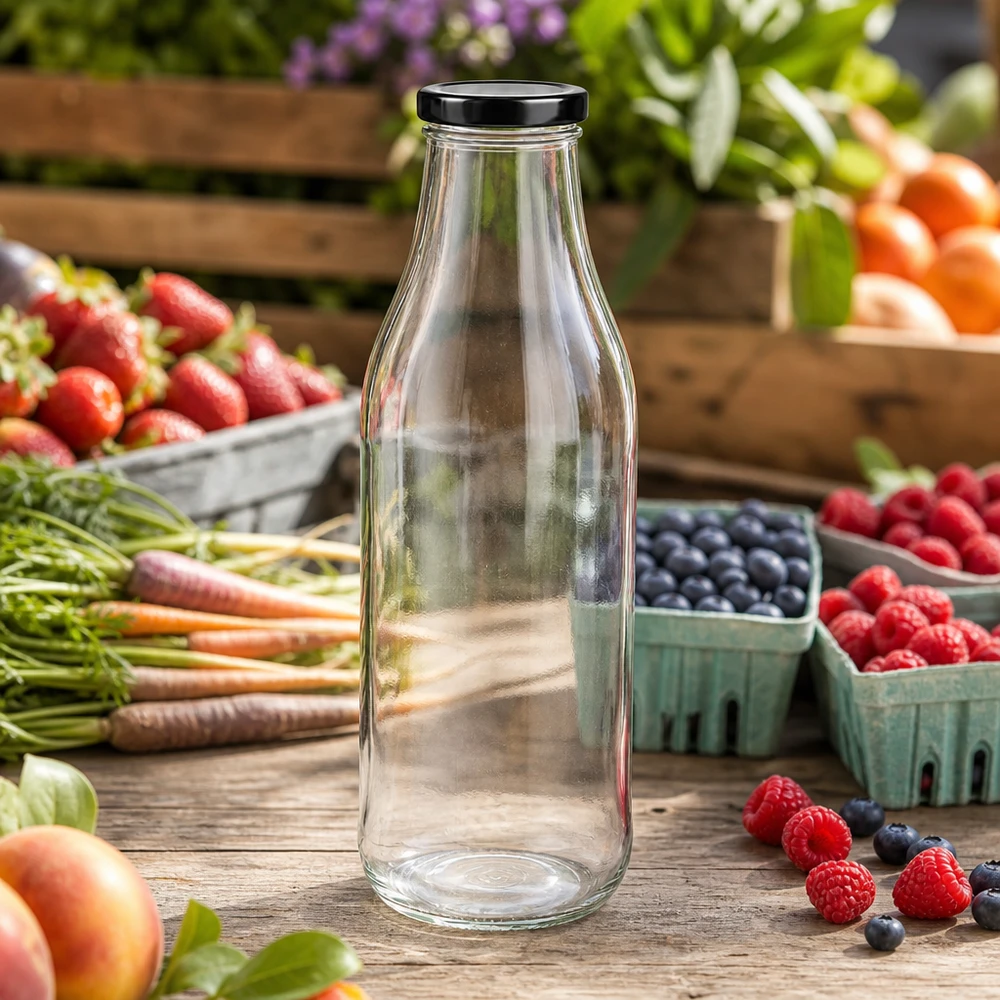Garrafa de vidro de 1000 ml vazia sobre uma mesa de madeira rústica rodeada de bagas, frutas e legumes frescos ao ar livre