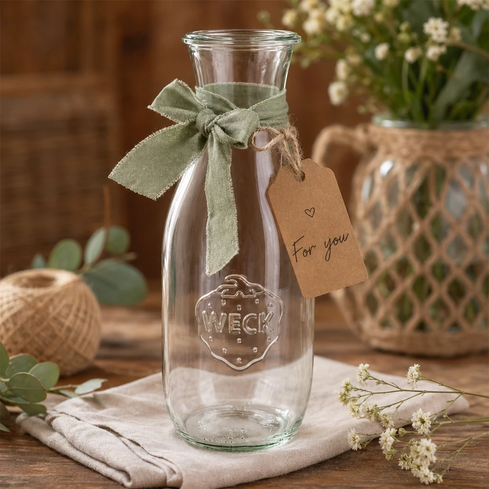 Garrafa para sumo WECK RR60 de 1062 ml Garrafa de sumo WECK 1062ml RR60 decorativa com fita verde e etiqueta de oferta Para si entre flores