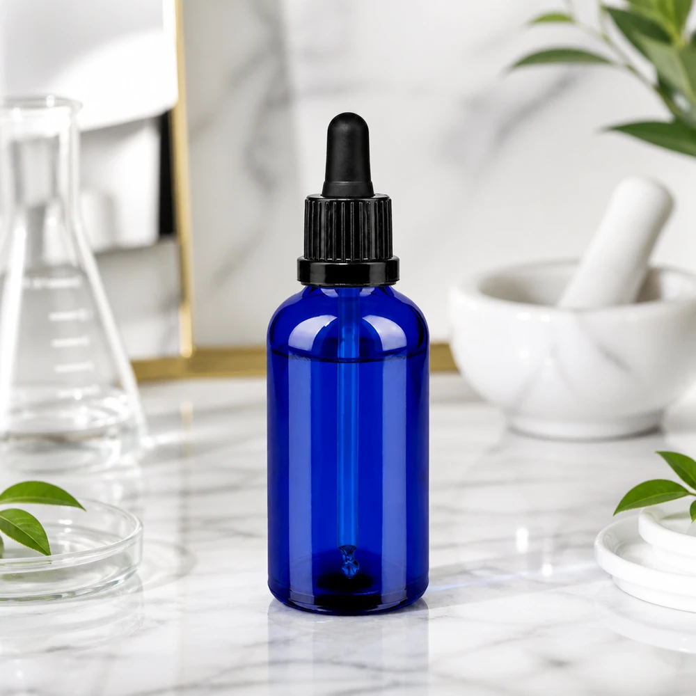 Frasco pipeta de 50 ml preto com fecho inviolável BlueLine UT18/50 Frasco de pipeta de 50 ml de alta qualidade em vidro de cobalto robusto - ideal para substâncias sensíveis à luz