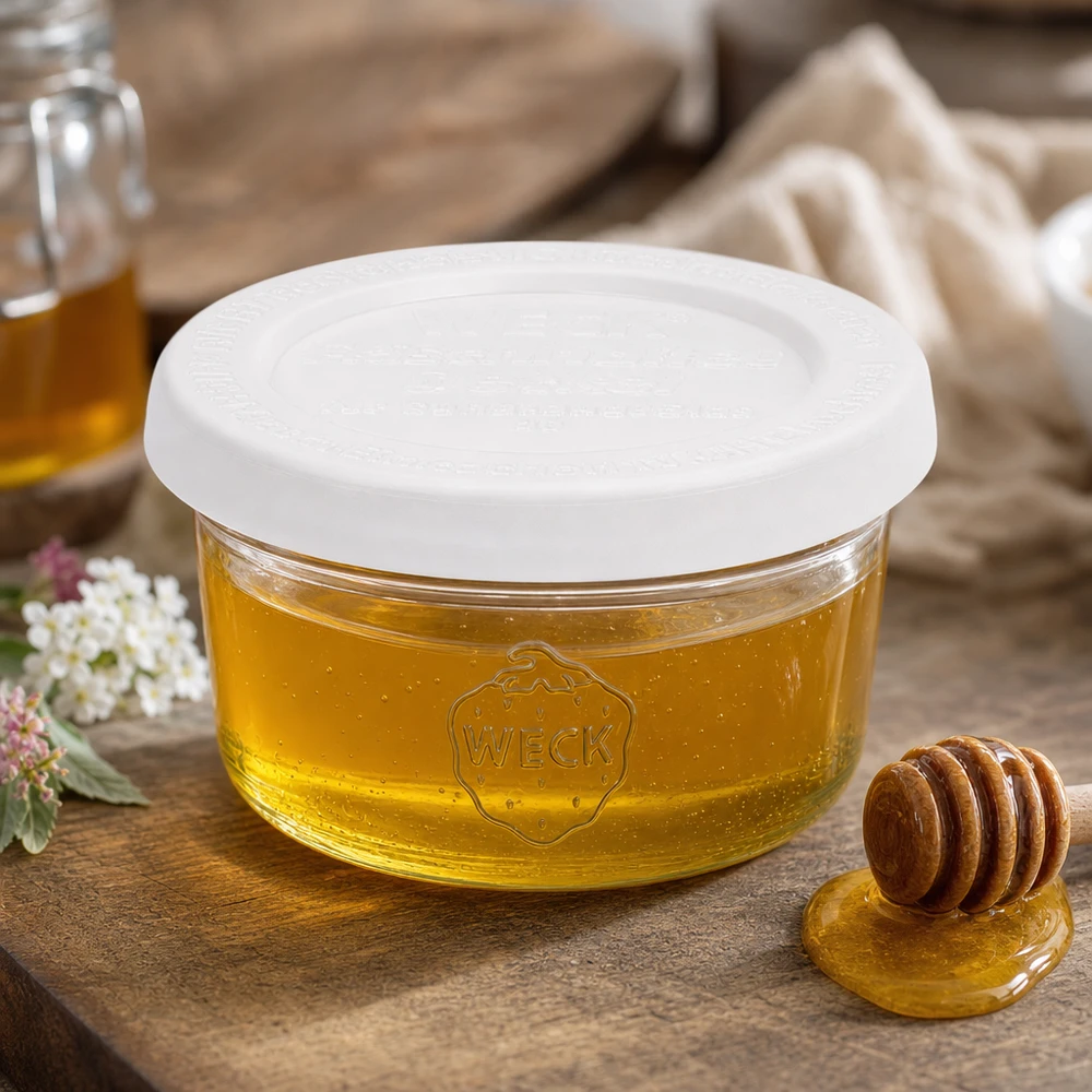 Frasco WECK RR60 de 50 ml cheio de mel e colher de mel sobre uma mesa de madeira rústica numa cozinha acolhedora
