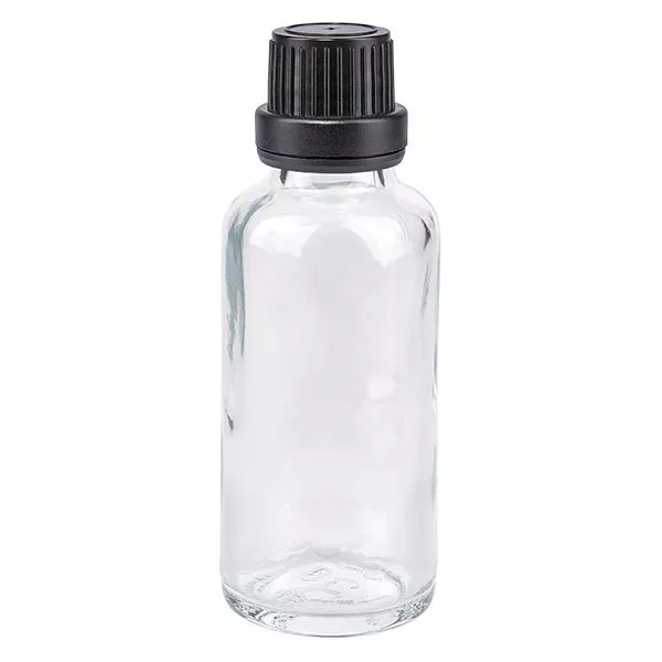 Frasco de farmácia transparente 30ml tampa conta-gotas anel de vazamento 2mm preto fecho inviolável Frasco de farmácia transparente 30ml tampa conta-gotas anel de vazamento 2mm preto fecho inviolável