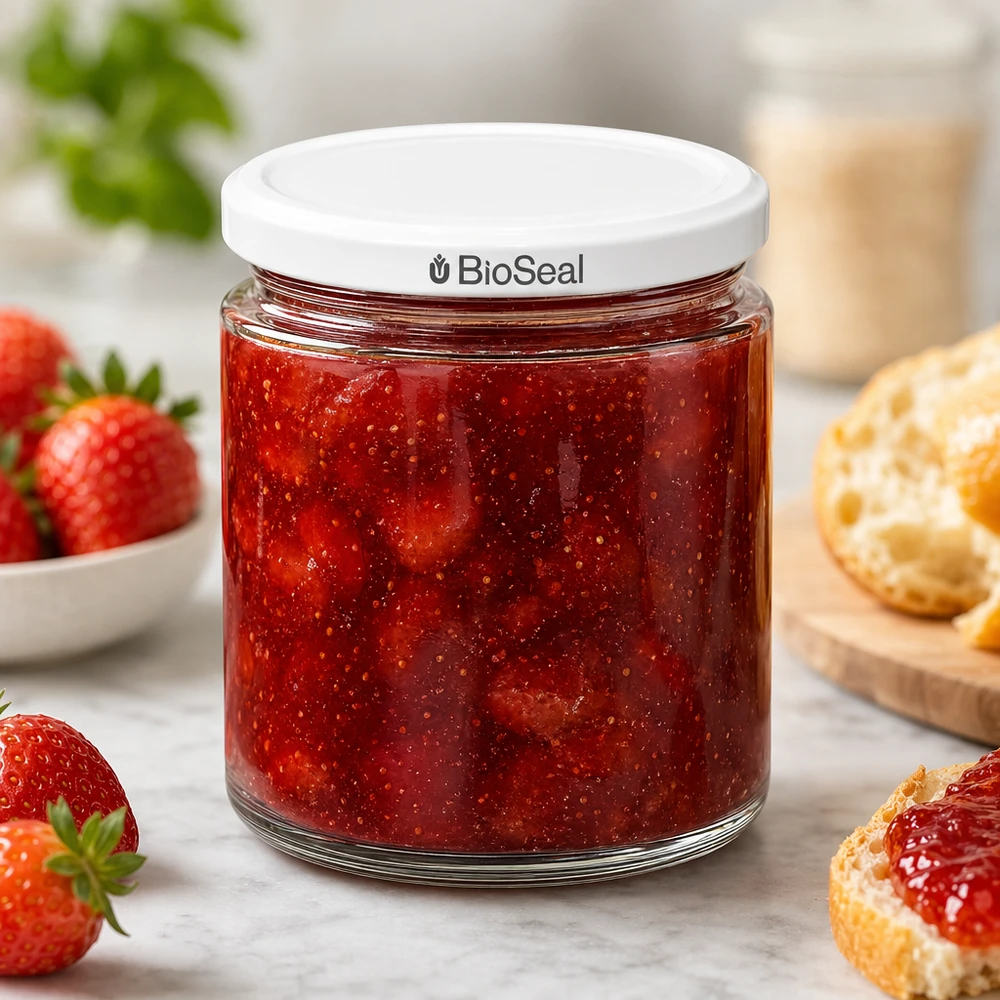 350g Honigglas + BioSeal Deckel weiß UNiTWIST Frasco de mel de 250 ml BioSeal UNiTWIST cheio de compota de morango caseira servido com morangos frescos e pãezinhos