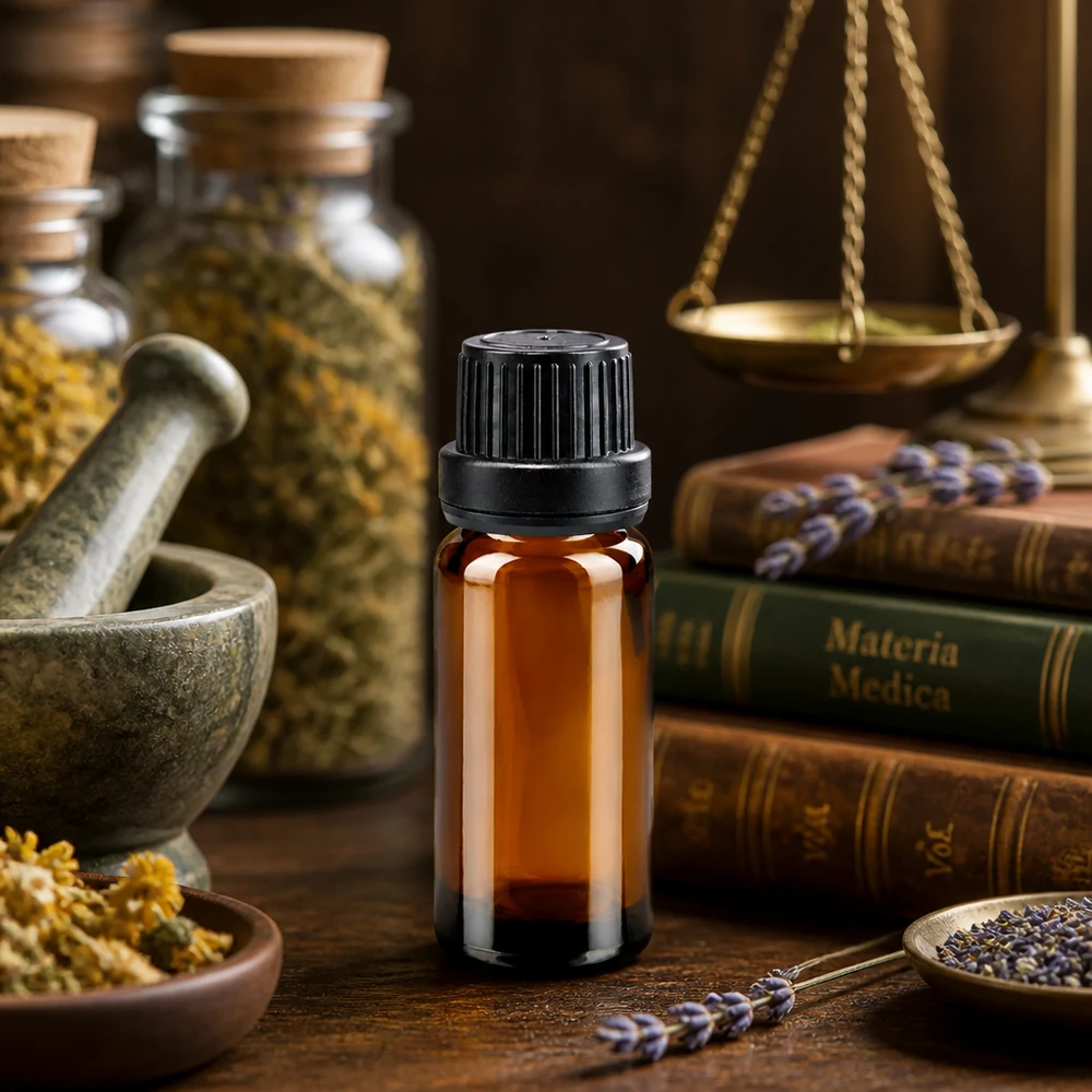 Frasco de vidro castanho de 10 ml com tampa de segurança preta e ervas sobre uma mesa de madeira
