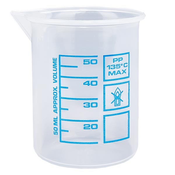 Copo de medição de 50 ml (copo Griffin) PP, anti-estático, com elevada transparência em conformidade com a norma DIN 12.311, com rebordo graduado, escala azul impressa Copo de medição de 50 ml (copo Griffin) PP, anti-estático, com elevada transparência em conformidade com a norma DIN 12.311, com rebordo graduado, escala azul impressa