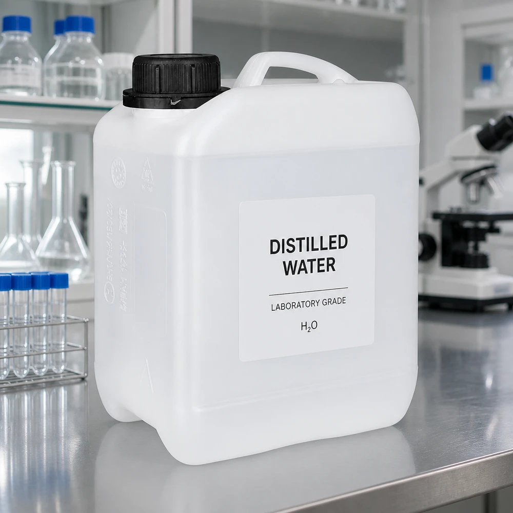 Recipiente de laboratório de 2,5 litros em HDPE branco com tampa OV preta para água destilada