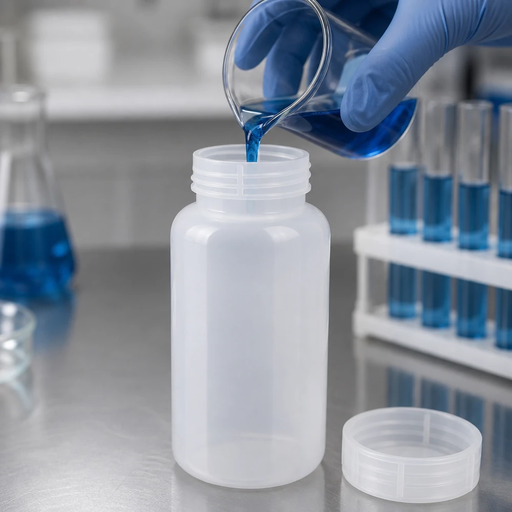Frasco de laboratório de 1000ml com gargalo largo e tampa de rosca Um químico verte um líquido azul de um copo de laboratório para um frasco de laboratório transparente de 1000 ml de gargalo largo