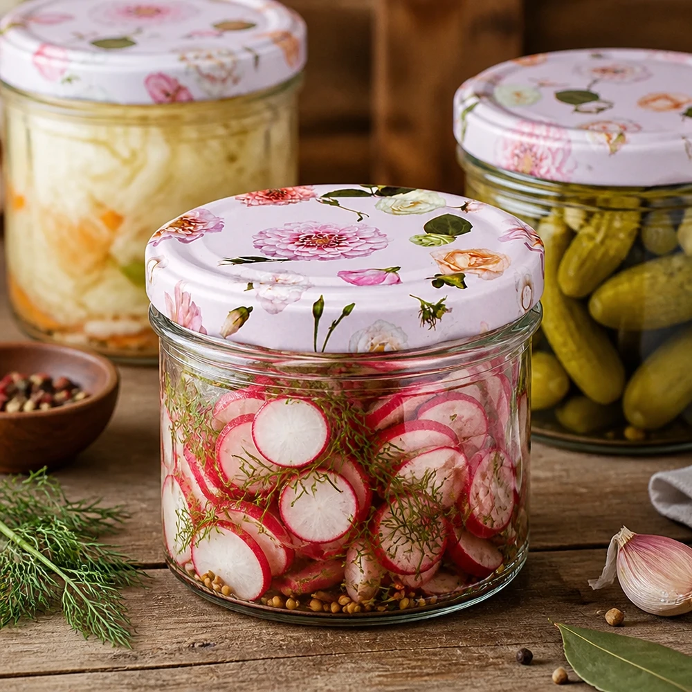 Copos de vidro de 225 ml + tampa BasicSeal flor rosa UNiTWIST Copos de 225 ml com tampa floral para conservar legumes e pickles - fermentação e conservação
