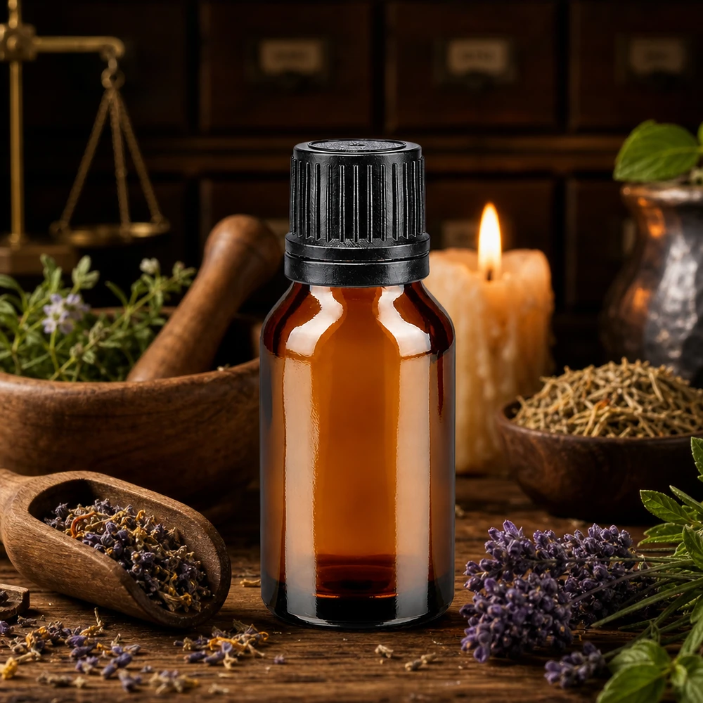 Frasco de óleo essencial de 15 ml em vidro âmbar com tampa preta, decorado com uma vela e ervas
