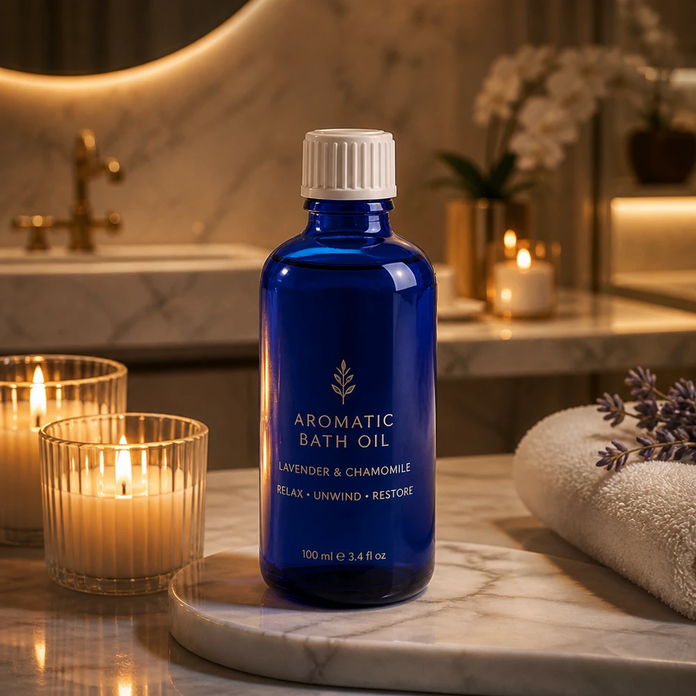 Frasco de vidro azul de 50 ml com tampa de rosca branca para óleo de banho de lavanda e camomila num ambiente de spa
