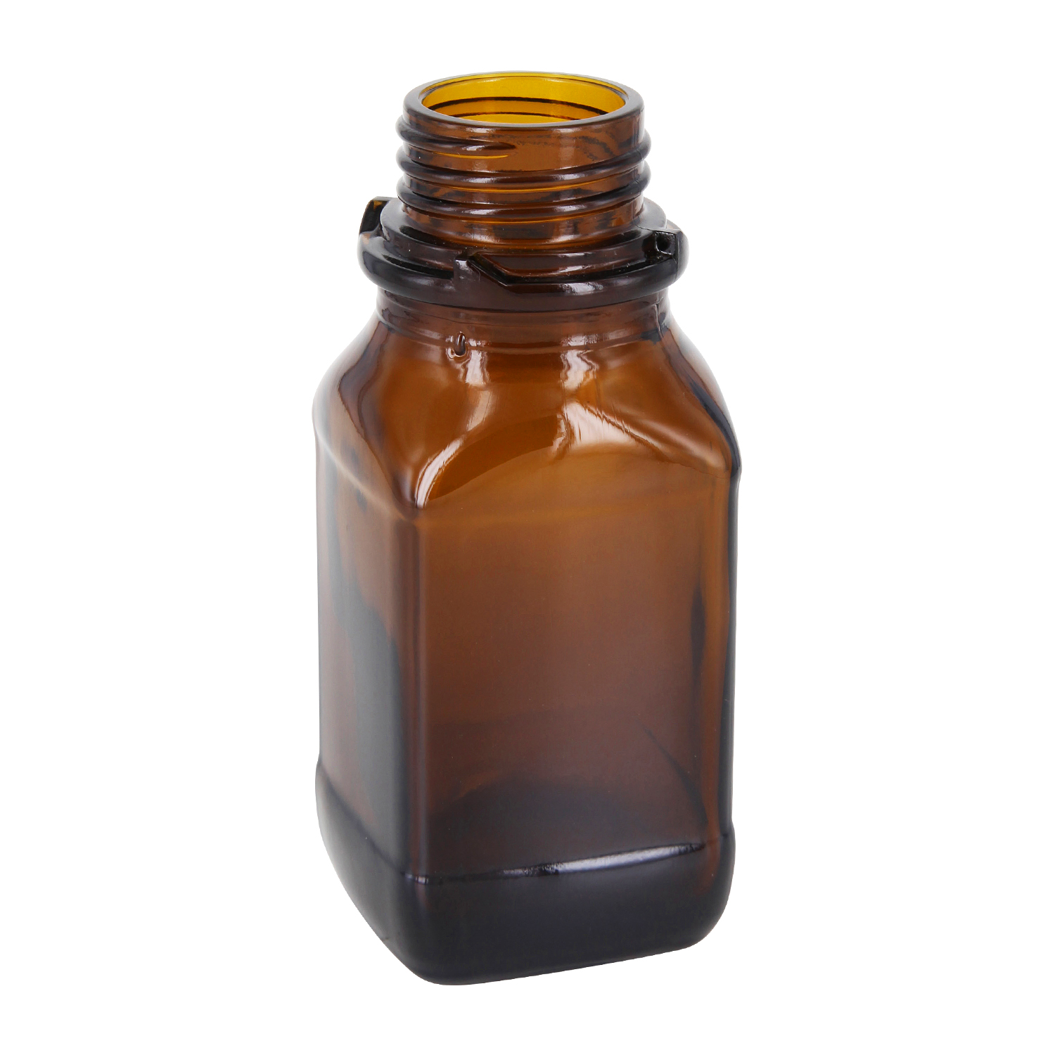 Frasco de vidro castanho de 100 ml para as suas substâncias valiosas Frasco para produtos químicos em vidro castanho de 100 ml com rosca sem tampa sobre fundo branco