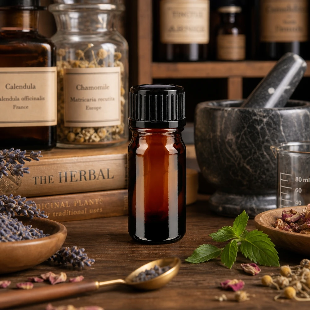 Frasco de vidro castanho de 5 ml com tampa de rosca preta, entre livros sobre ervas e plantas medicinais