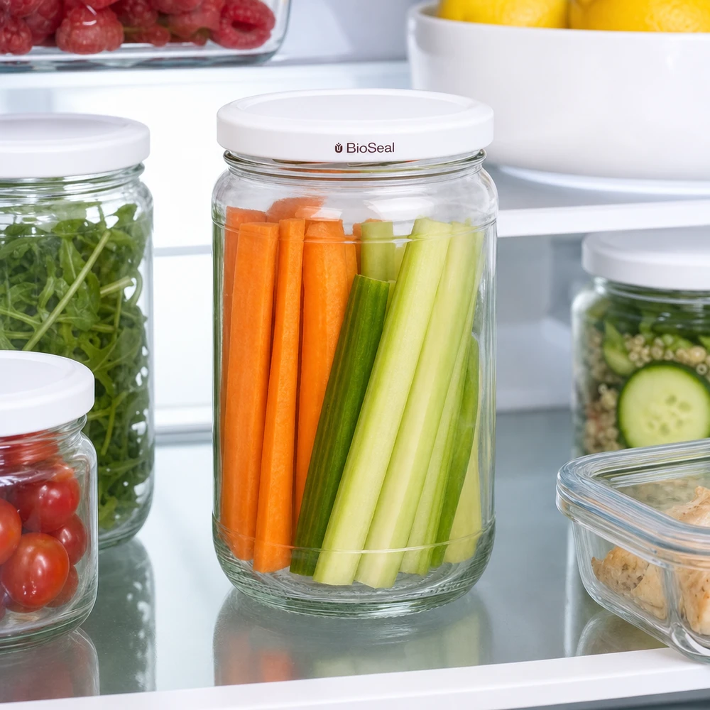 Frasco redondo de 305 ml + tampa BioSeal branca UNiTWIST UNiTWIST Runda305 im Kühlschrank mit frischen Karottensticks und Sellerie - optimale Gemüse-Frischhaltung dank BioSeal