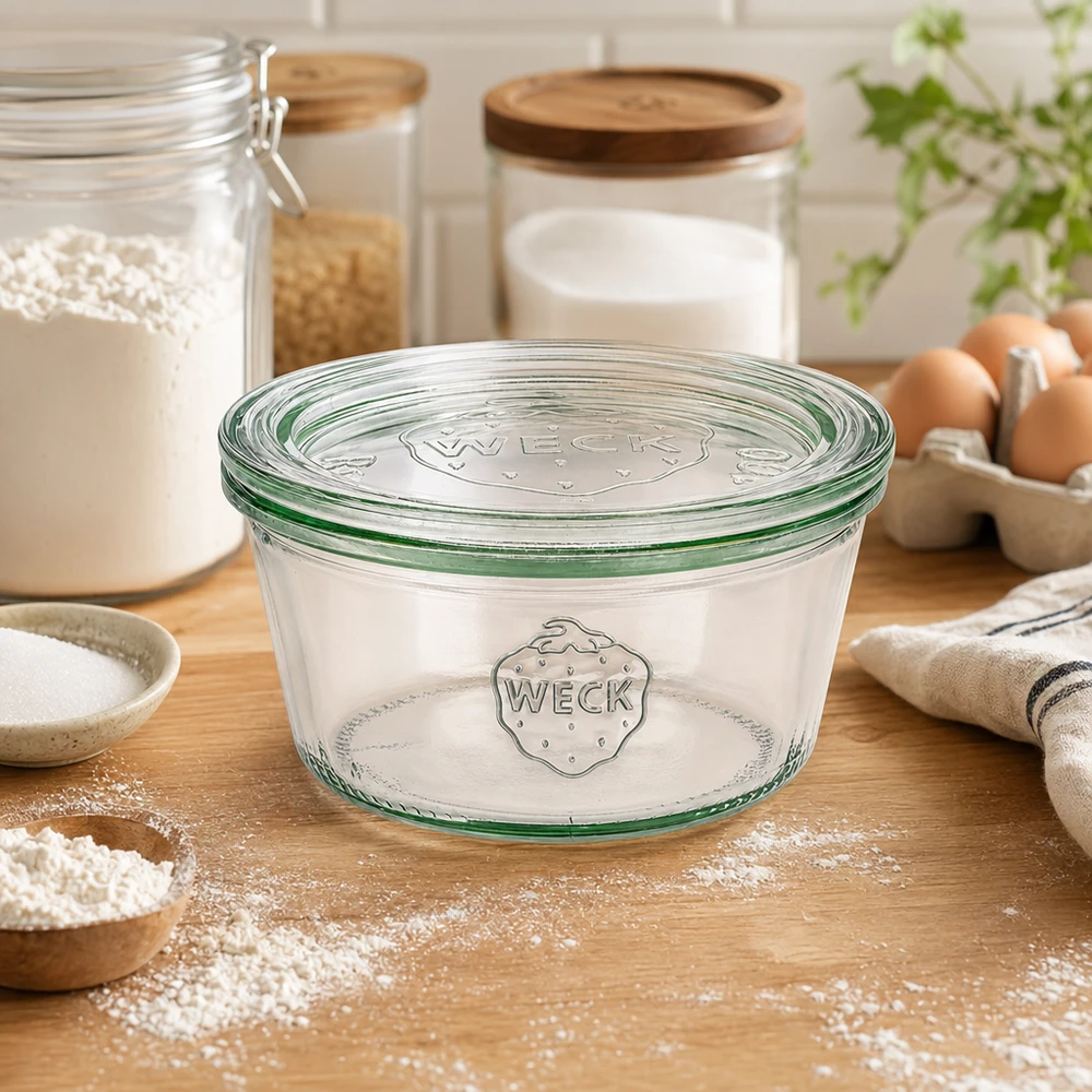 Frasco de vidro baixo de 290 ml com tampa de vidro WECK RR100 Copos WECK 290ml RR100 na cozinha com farinha, ovos e frascos de armazenamento como acessórios de pastelaria e solução de armazenamento